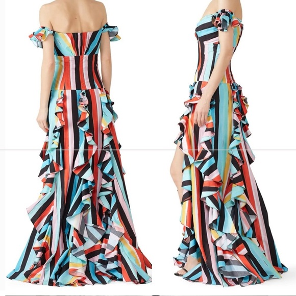 Caroline Constas Ruffle Rainbow Stripe Gown Maxi Dress in Black Multi - Picture 4 of 9